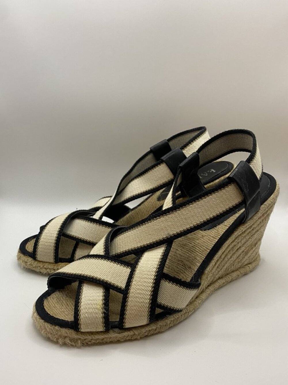 Ralph Lauren Black and Cream Espadrille Wedge with Crossover Straps Size 8